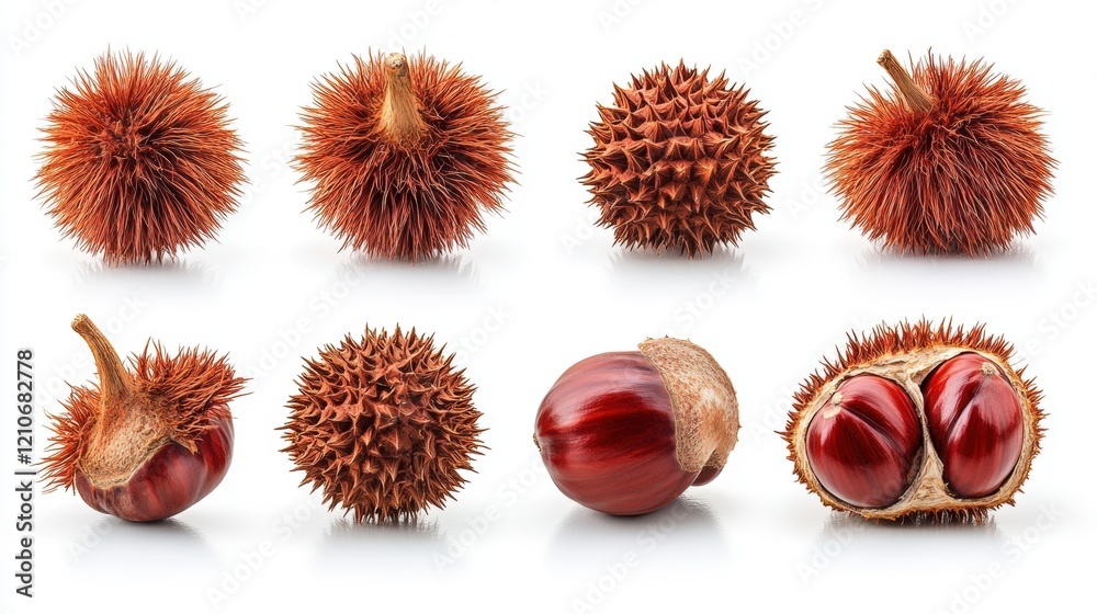 Various Spiky Chestnuts and Their Glossy Interior Displayed Together Various Spiky Chestnuts and Their Glossy Interior Displayed Together