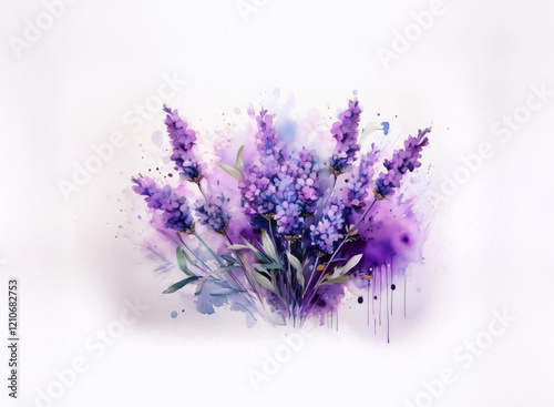 A watercolor painting of lavender blossoms against a soft, white background.  Purple hues dominate, with subtle color variations and splatters adding texture and movement.