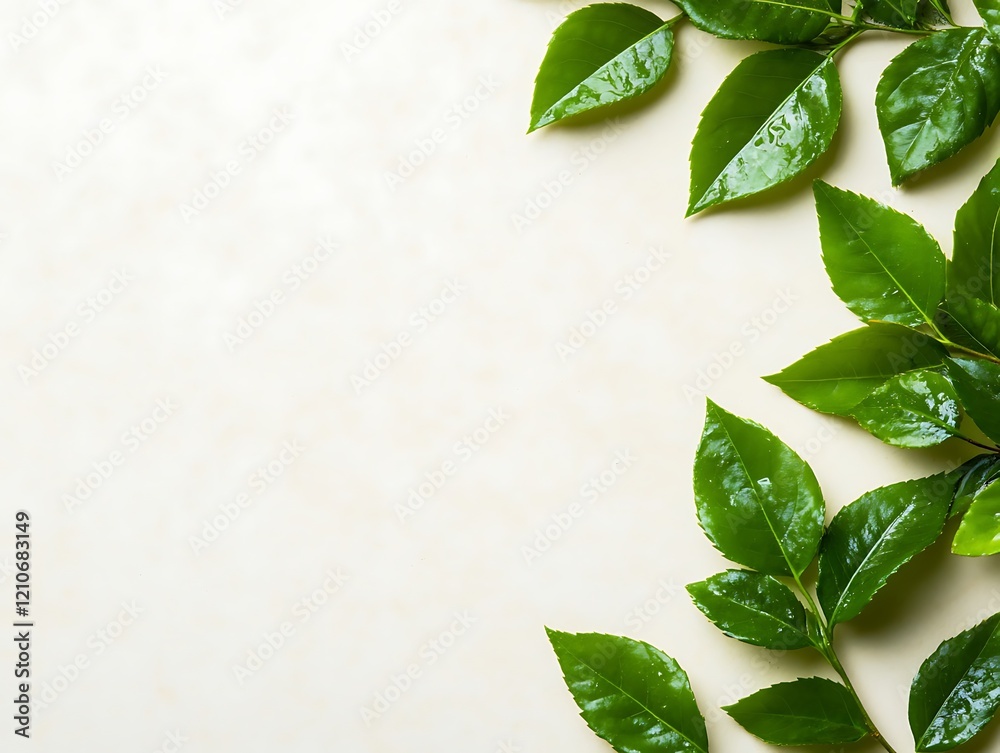 Lush Green Leaves Arranged on a Beige Background Lush Green Leaves Arranged on a Beige Background