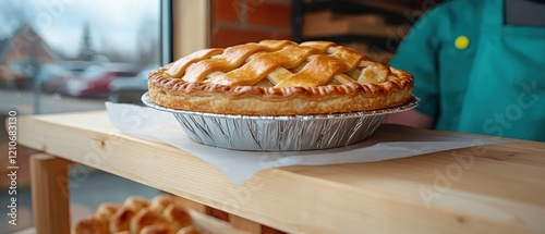 A freshly baked apple pie sits on a wooden counter, ready to be served. photo