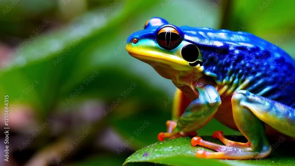 Colorful Blue Frog Sitting on Green Leaves in a Tropical Rainforest During Daylight Colorful Blue Frog Sitting on Green Leaves in a Tropical Rainforest During Daylight