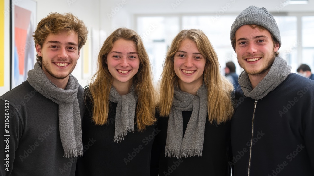 Group of Four Young People Smiling with Gray Scarves in Modern Setting