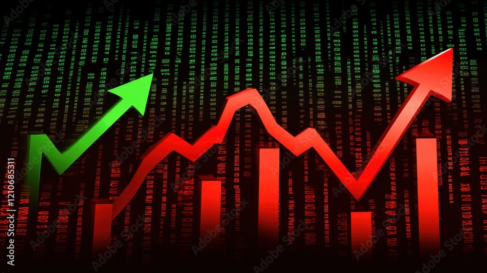 Stock Market Trends with Green and Red Graph Arrows on Dark Background Stock Market Trends with Green and Red Graph Arrows on Dark Background