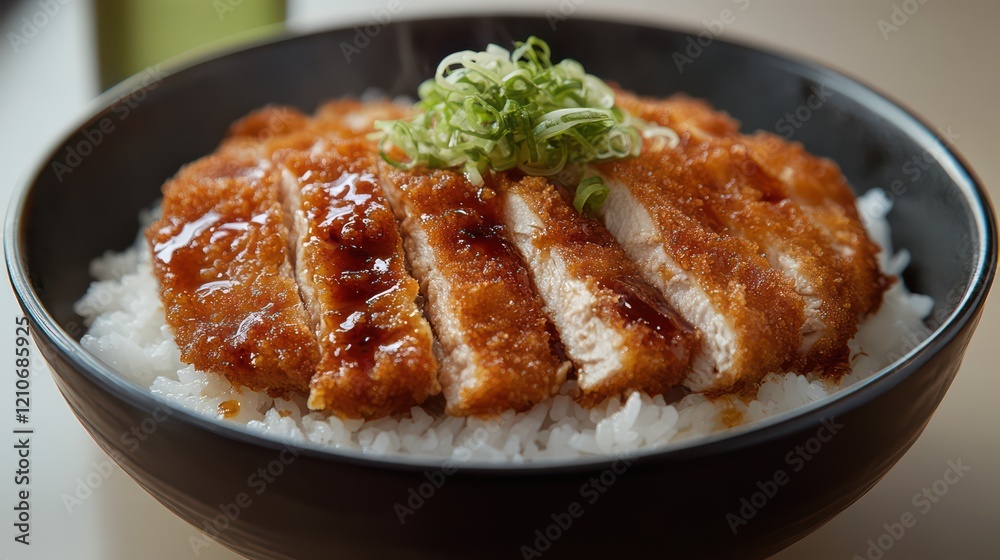 A hearty bowl of chicken katsu curry, showcasing perfectly crispy chicken katsu slices layered over steaming white rice, topped with savory curry sauce. A hearty bowl of chicken katsu curry, showcasing perfectly crispy chicken katsu slices layered over steaming white rice, topped with savory curry sauce.