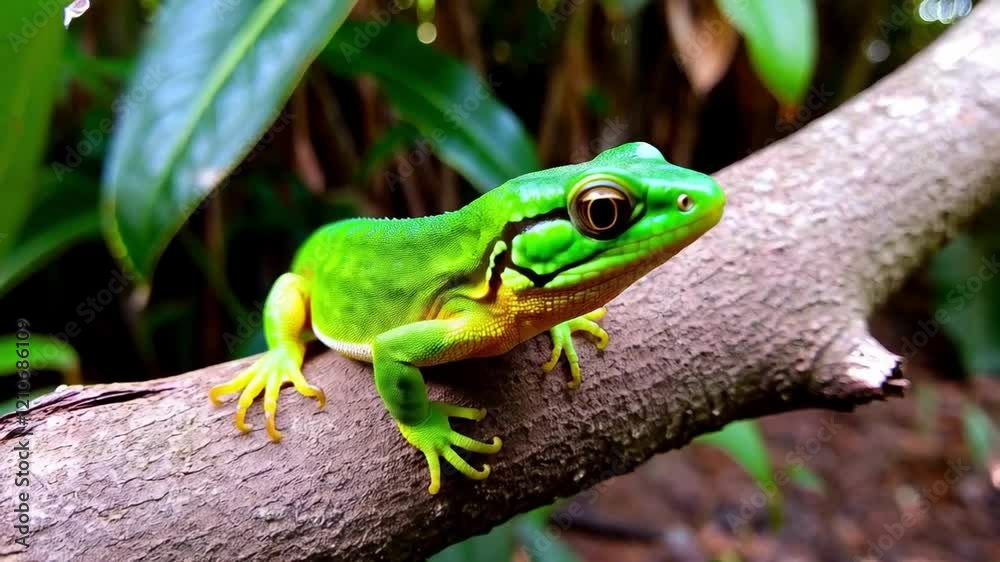 Bright Green Lizard Climbs Branch in Tropical Rainforest Habitat During Daylight Hours Bright Green Lizard Climbs Branch in Tropical Rainforest Habitat During Daylight Hours