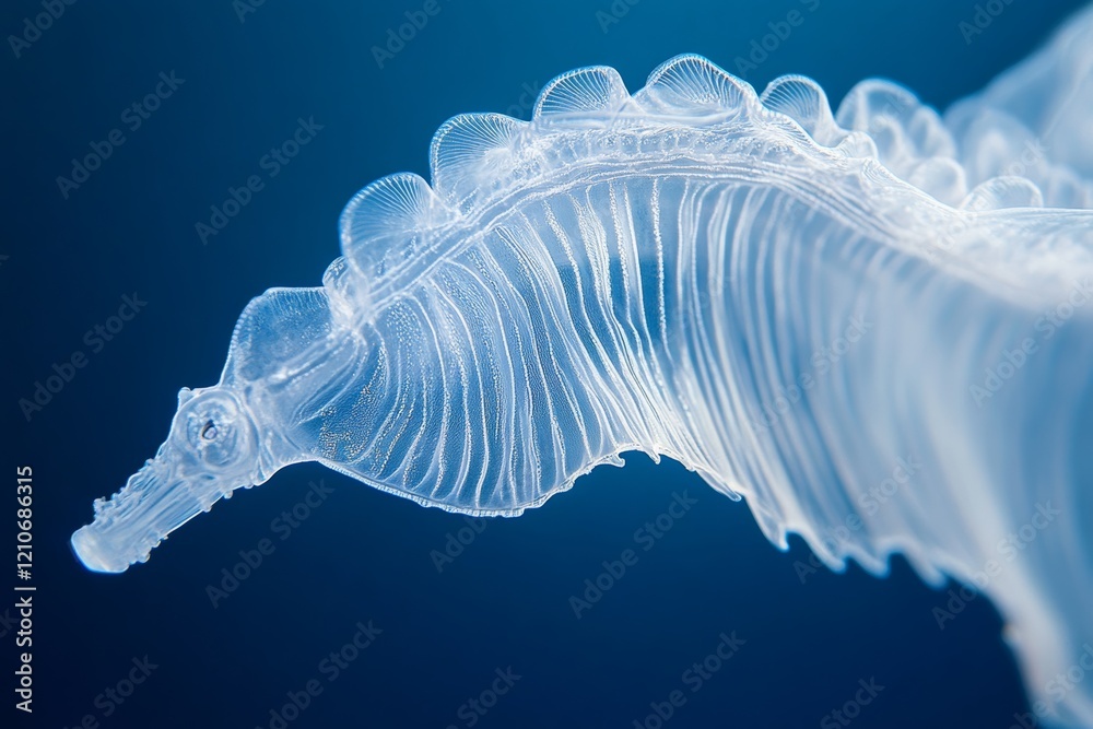 A delicate, translucent seahorse floats gracefully in a blue aquatic environment, showcasing its intricate details. A delicate, translucent seahorse floats gracefully in a blue aquatic environment, showcasing its intricate details.