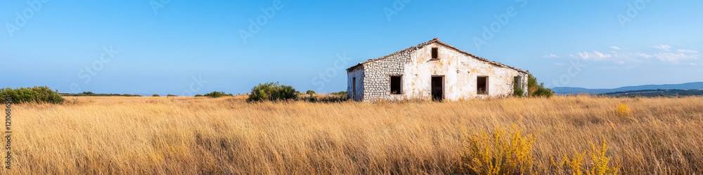 Derelict House in Dry Grass Field under Clear Sky Derelict House in Dry Grass Field under Clear Sky