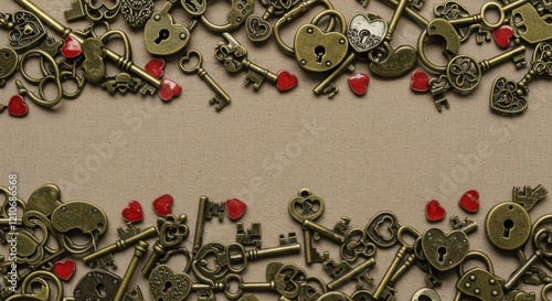 Antique Keys and Padlocks Border with Red Hearts on Beige Background
