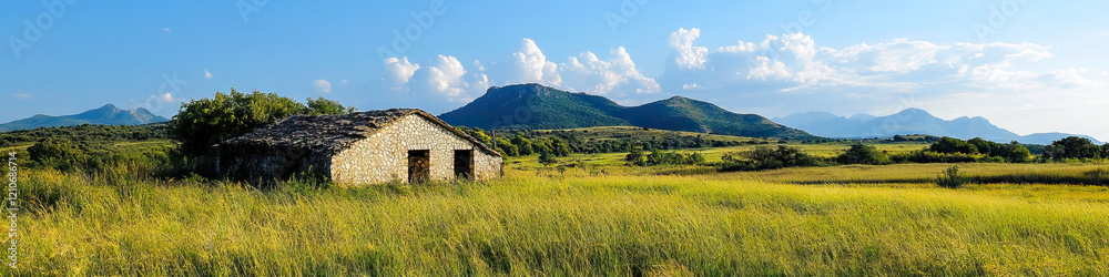 Stone Structure in Grassy Field with Mountain Range Background Stone Structure in Grassy Field with Mountain Range Background