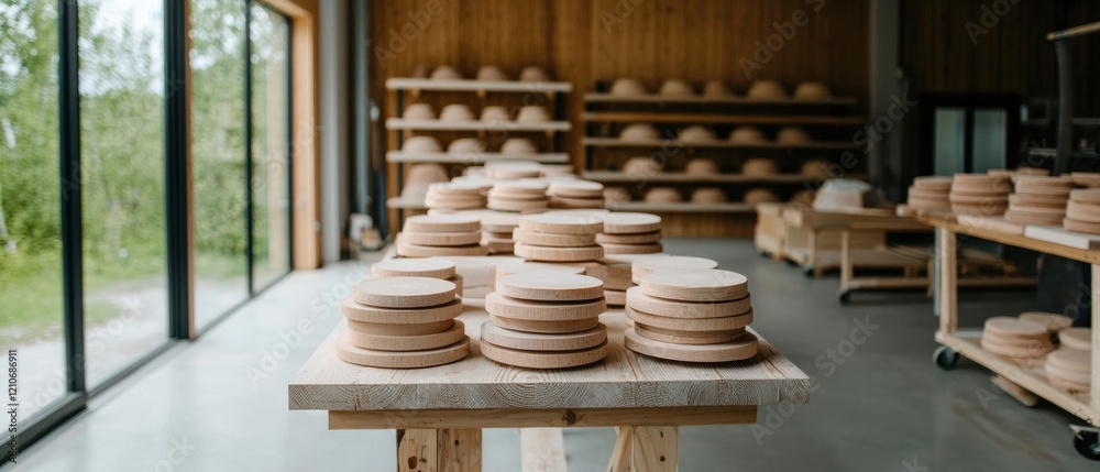 A wooden table with stacks of plates in a workshop. A wooden table with stacks of plates in a workshop.