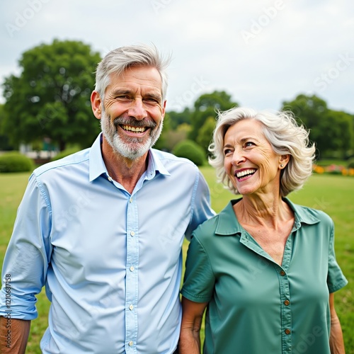 Happy senior couple enjoying a stroll in a park, smiling and looking content.  A beautiful sunny day.