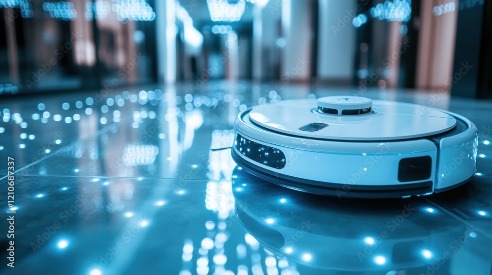 Modern Robotic Vacuum Cleaning Device in Stylish Interior Space Modern Robotic Vacuum Cleaning Device in Stylish Interior Space
