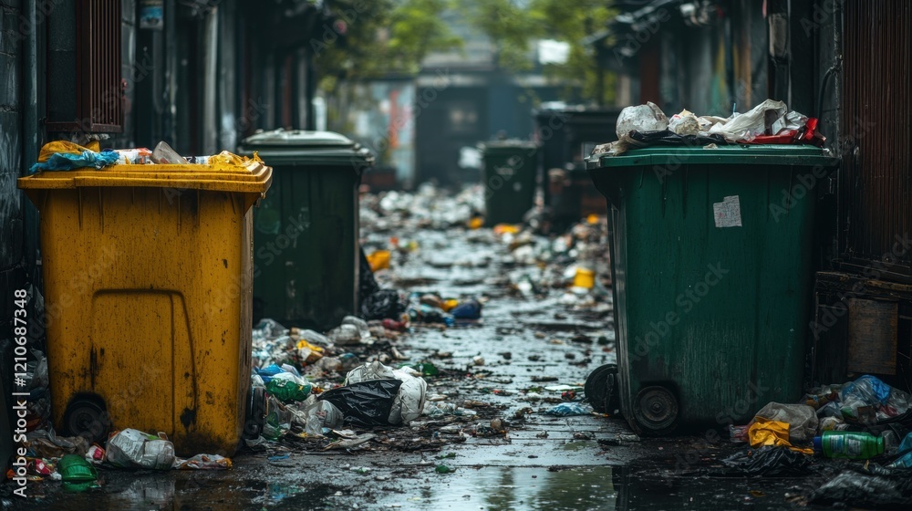 Urban Alley with Trash Bins Surrounded by Litter and Debris Urban Alley with Trash Bins Surrounded by Litter and Debris