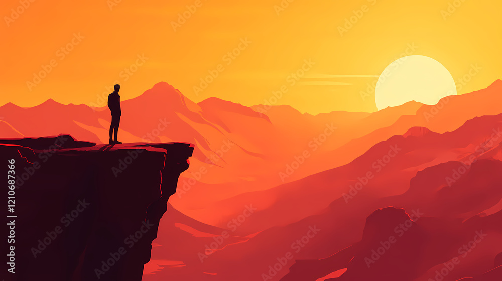 A silhouetted figure stands on a ledge against a stunning sunset backdrop casting a long shadow over the landscape. Shadow Ridge. Illustration A silhouetted figure stands on a ledge against a stunning sunset backdrop casting a long shadow over the landscape. Shadow Ridge. Illustration