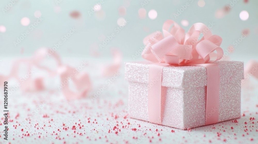 Sparkling Light Pink Gift Box with Ribbons and Glitter Background Sparkling Light Pink Gift Box with Ribbons and Glitter Background