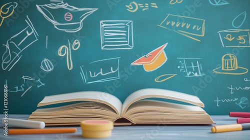 An open book rests on a table, surrounded by colorful doodles on a chalkboard. The imagery highlights themes of education and creativity in a learning environment.