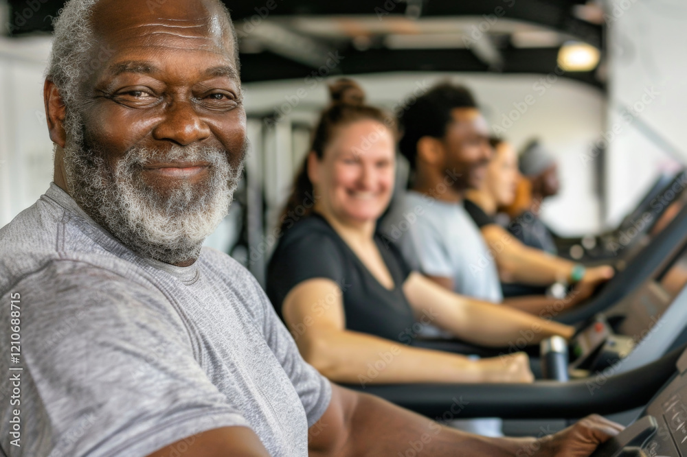 Happy seniors people are practicing indoors sport an exercise treadmill in gym Happy seniors people are practicing indoors sport an exercise treadmill in gym