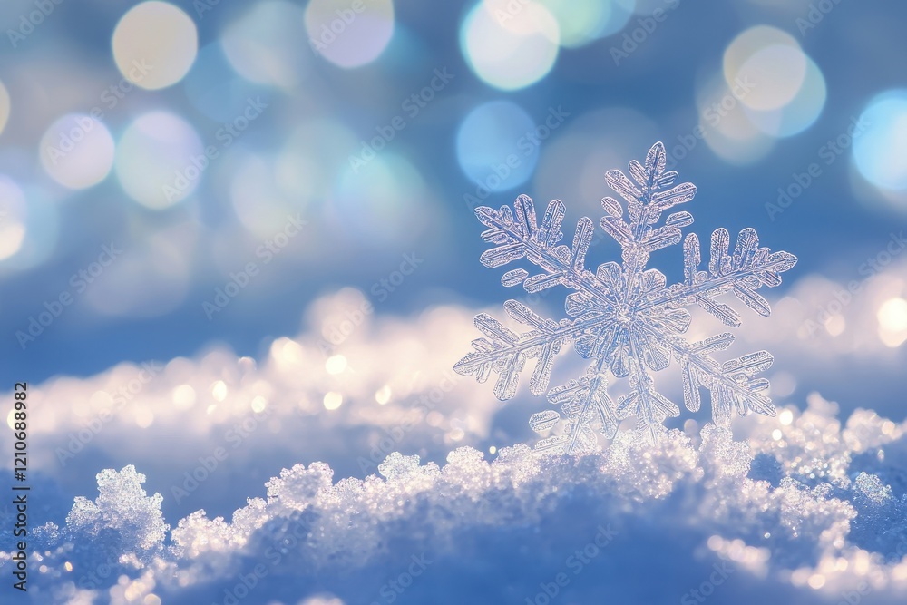 A single intricate snowflake resting on a bed of pure untouched snow A single intricate snowflake resting on a bed of pure untouched snow