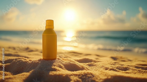 Yellow Sunscreen Bottle on Sandy Beach Against Vibrant Sunset