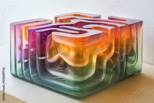 a unique glass composition with an abstract design. It is a cubic structure with smooth wavy lines, created from transparent glass that shimmers with rich colors.  