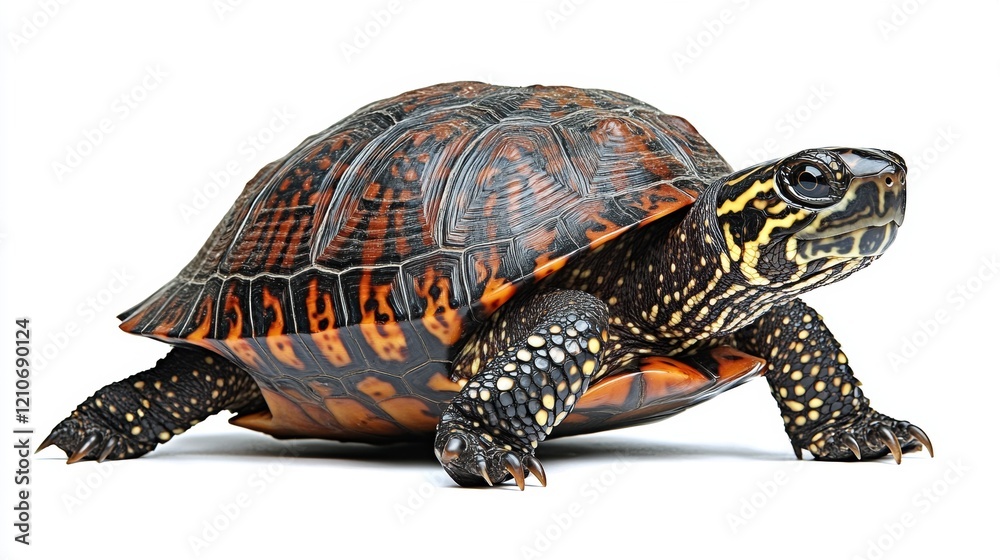 Obraz premium Colorful Eastern Box Turtle on a White Background in Profile View