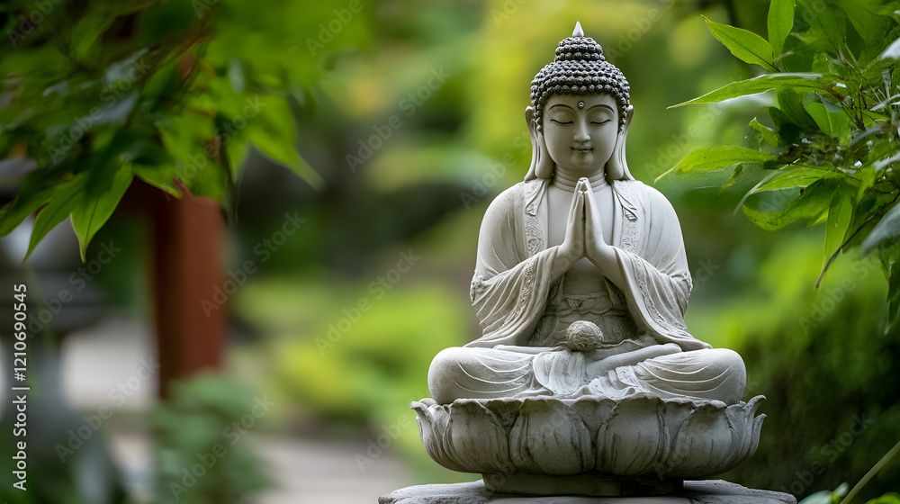 Peaceful Buddha Statue in Lush Greenery Symbolizing Tranquility and Meditation : Generative AI Peaceful Buddha Statue in Lush Greenery Symbolizing Tranquility and Meditation : Generative AI