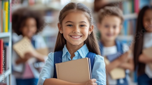 A cheerful young girl stands in a library, holding books in her arms. Classmates are behind her, all engaged in learning and enjoying their time together.