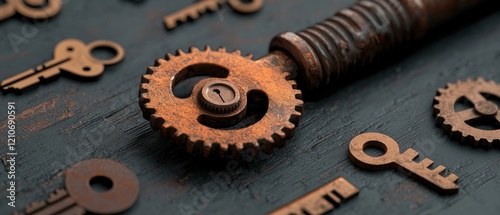 A close-up image of a rusty metal object with a gear and key-shaped holes.
