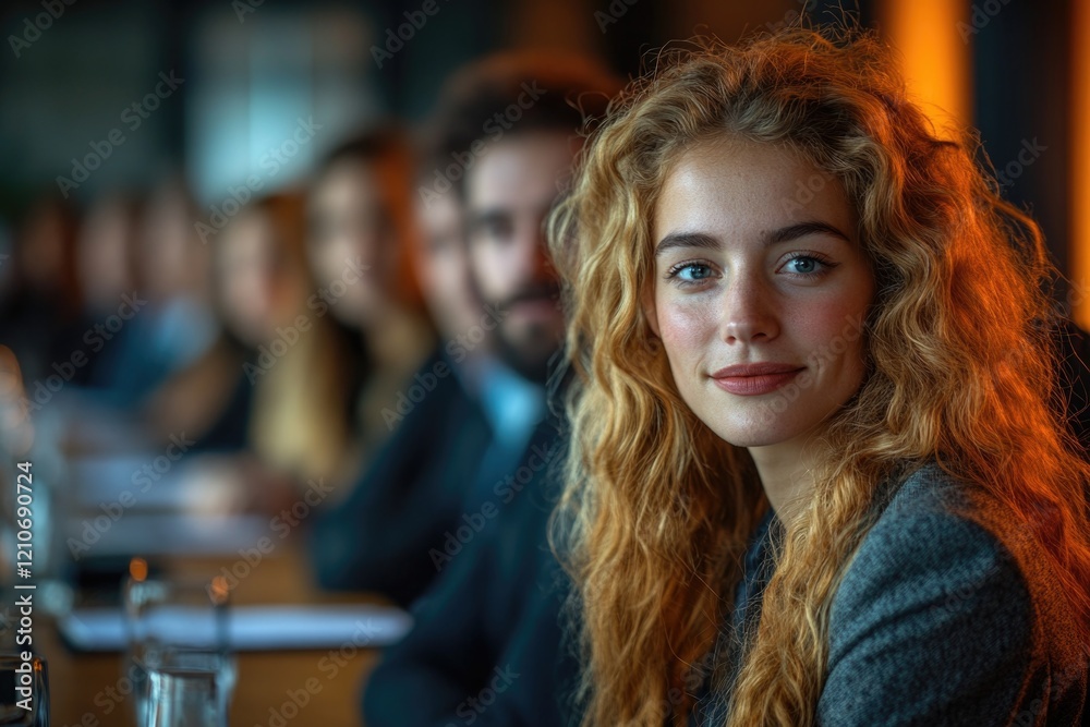 A woman sitting at a table with colleagues or friends behind her A woman sitting at a table with colleagues or friends behind her