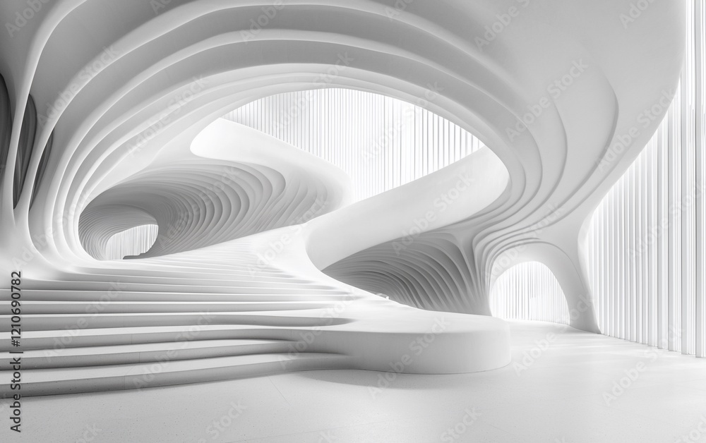 Naklejka premium Abstract white architectural interior with curved walls, stairs, and lighting.