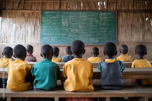 Children in a classroom facing a chalkboard highlight educational inequality