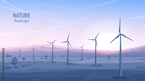 Night landscape. View of hills with wind turbines. Green energy of wind generators. Silhouettes of mountains at sunset. Vector illustration.
