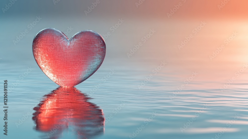 Fototapeta premium Pink heart shaped crystal on ocean surface with reflective sunset