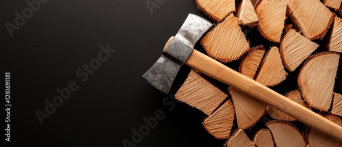 A wooden axe with a metal head rests on a pile of cut logs. photo