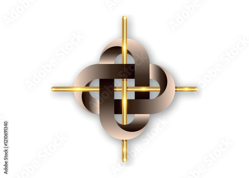 golden cross in intertwined Celtic knot, classic shape simple gold shiny metal cross. Celtic interlocking bronzo Metallic knot, vector isolated on white background 