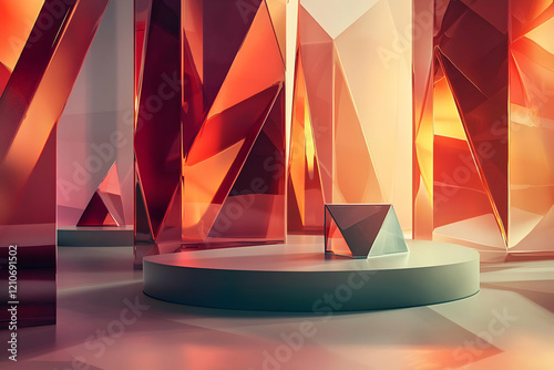 An abstract scene with geometric podium shapes, ideal for showcasing luxury beauty products. photo