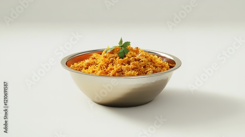 Chicken Biryani with Rice and Spices Isolated Over White Background