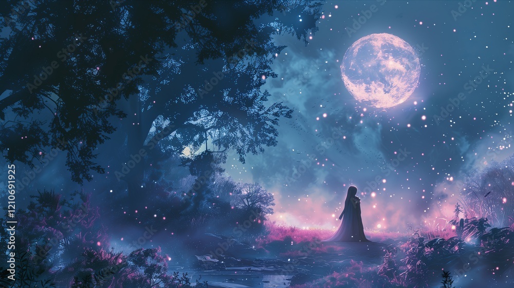 Fototapeta premium A serene landscape under a mystical night sky filled with stars and a glowing moon.