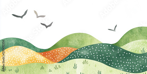 Watercolor childish background. Fields with birds above them.