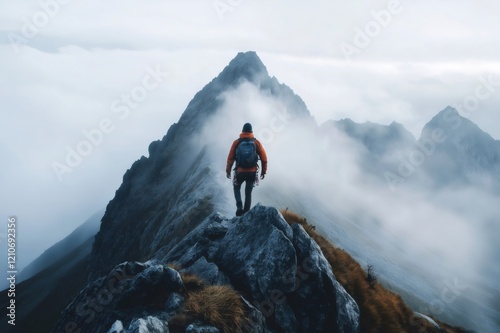 Hiker navigating a misty mountain ridge, embracing the challenges of wild nature and savoring the freedom of outdoor exploration photo