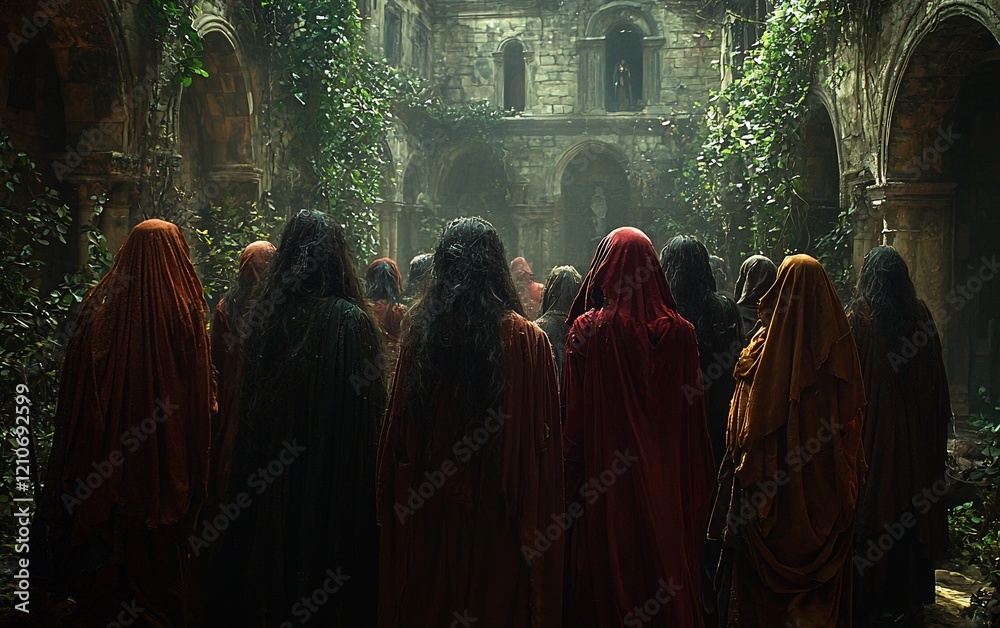 Naklejka premium Mysterious women in cloaks gather in ancient ruins.