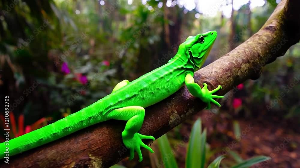 Vibrant Green Lizard Explores a Lush Rainforest Environment Filled With Plants and Colorful Flowers Vibrant Green Lizard Explores a Lush Rainforest Environment Filled With Plants and Colorful Flowers