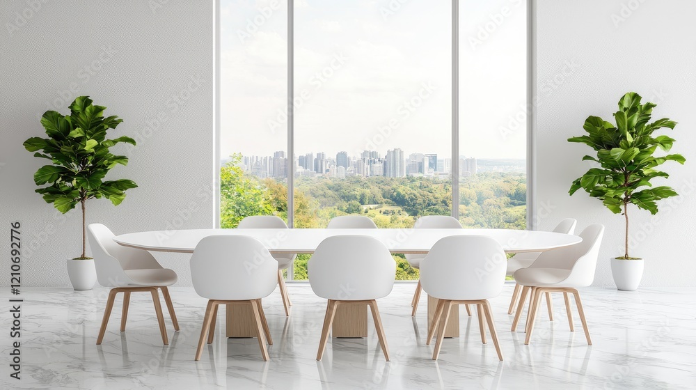 Fototapeta premium Modern minimalist conference room with a white oval table and chairs overlooking a city skyline during the day.