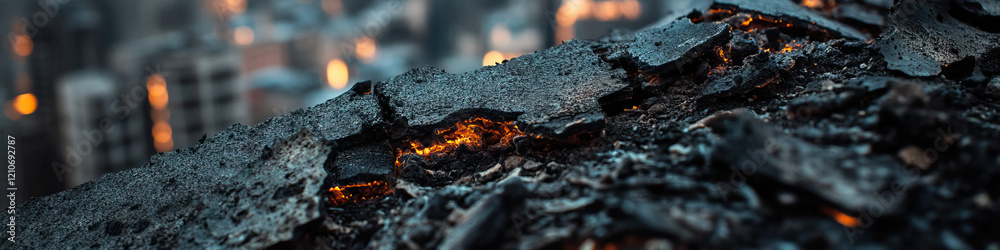 Close-up of Embers in Fractured Asphalt with Defocused City Lights Close-up of Embers in Fractured Asphalt with Defocused City Lights