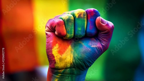 Hand with a clenched fist painted with the colors of the gay or lgtbi flag as a symbol of pride	
