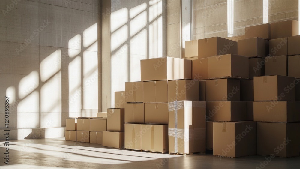 Stacked Cardboard Boxes in a Modern Warehouse with Sunlight Stacked Cardboard Boxes in a Modern Warehouse with Sunlight