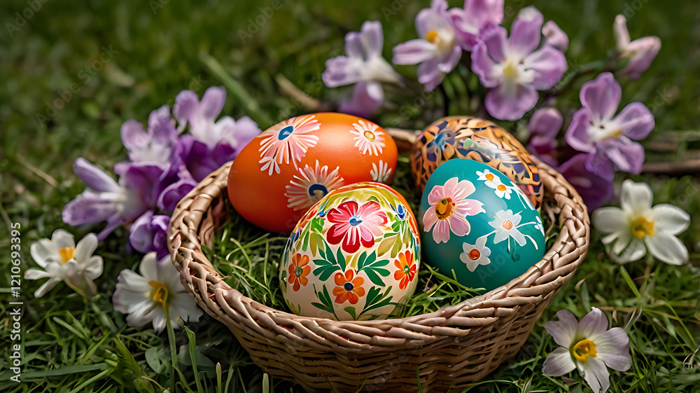 Fototapeta premium Traditional Hand-Painted Easter Eggs in Rustic Setting