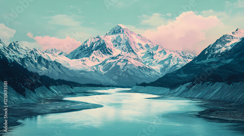 Snow-capped mountains cradle a meandering river beneath a vast, sky-blue canvas tinged with hues of pink at their peaks, evoking tranquility and wonder. Sapphire River. Illustration photo