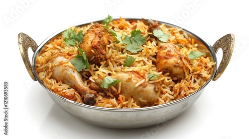 Chicken Biryani with Rice and Spices Isolated Over White Background