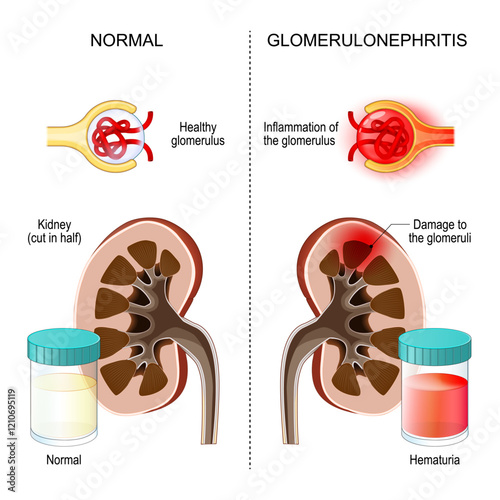 Glomerulonephritis. Kidney inflammation. Close-up of Glomerulus. Kidneys disease. 